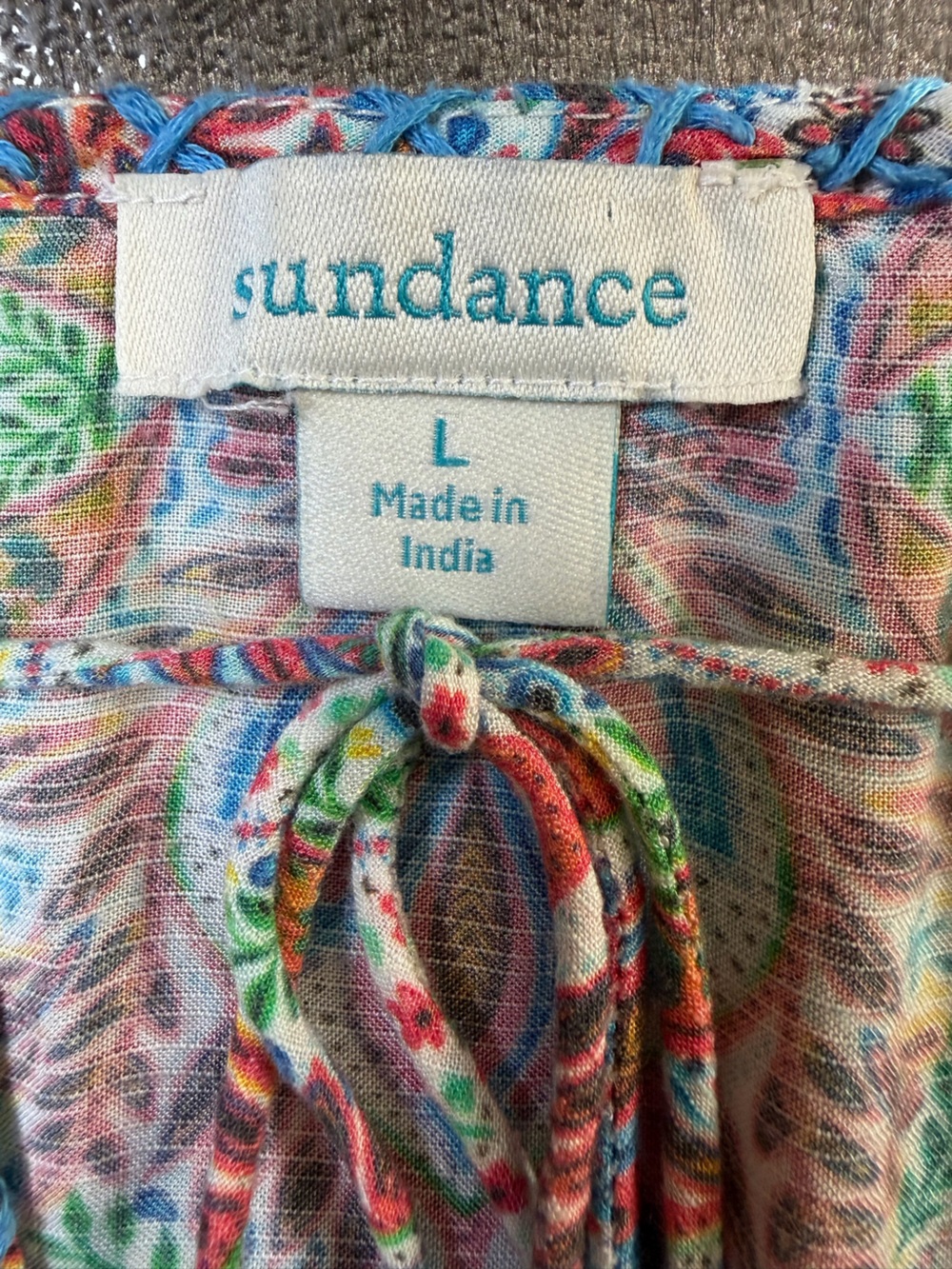 Sundance Flowy Boho Tassel Top Colorful Artisan Print Blouse Size L. Gorgeous ⚡️ - Picture 13 of 14